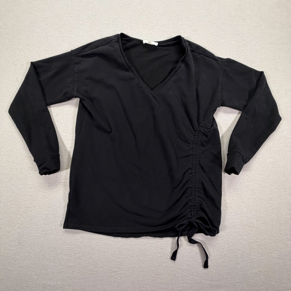 LOFT Women Top Relaxed Black Side Ruched Tie V-Neck Lounge S